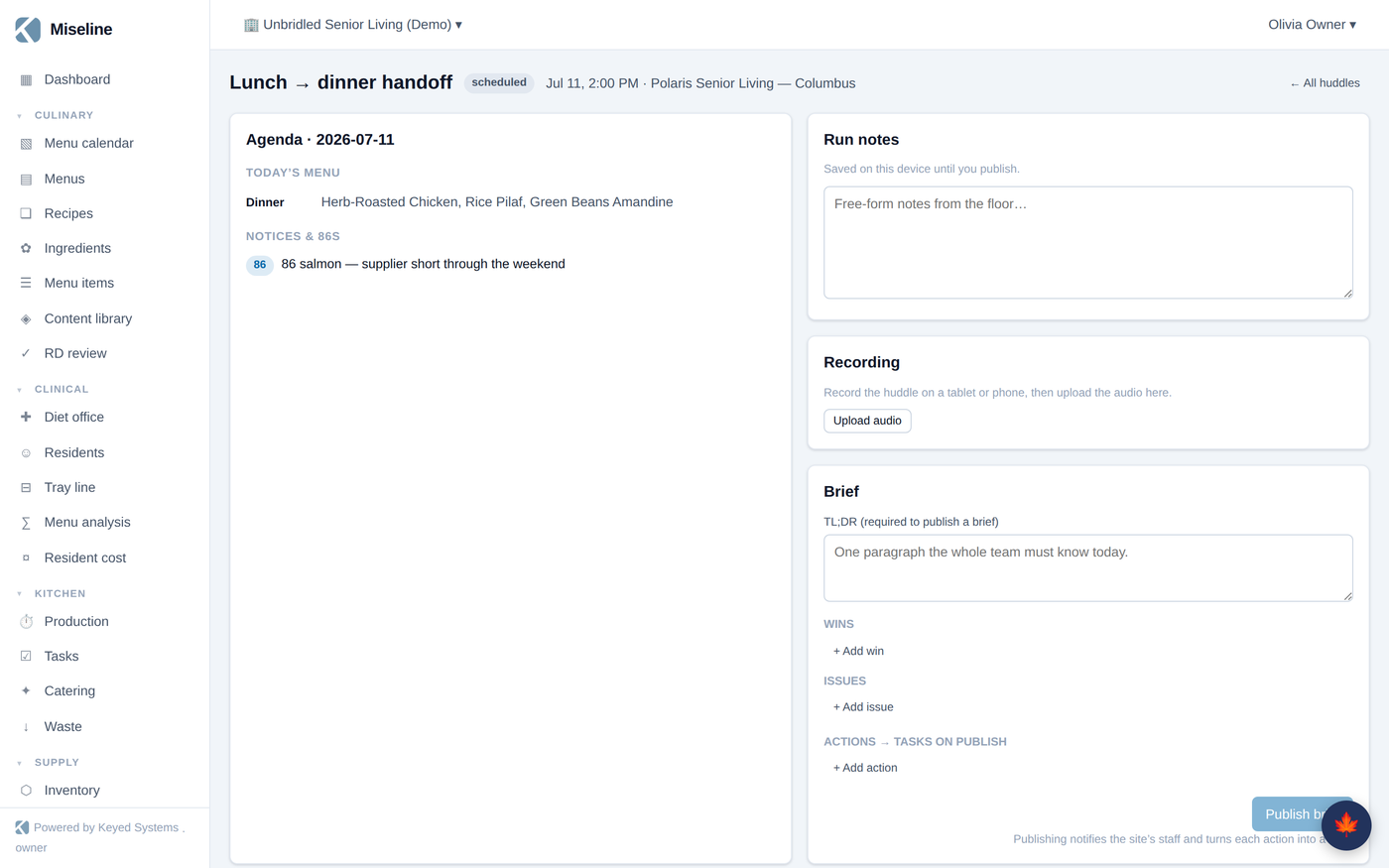 A published huddle brief: TL;DR, wins, issues, actions, and acknowledgments