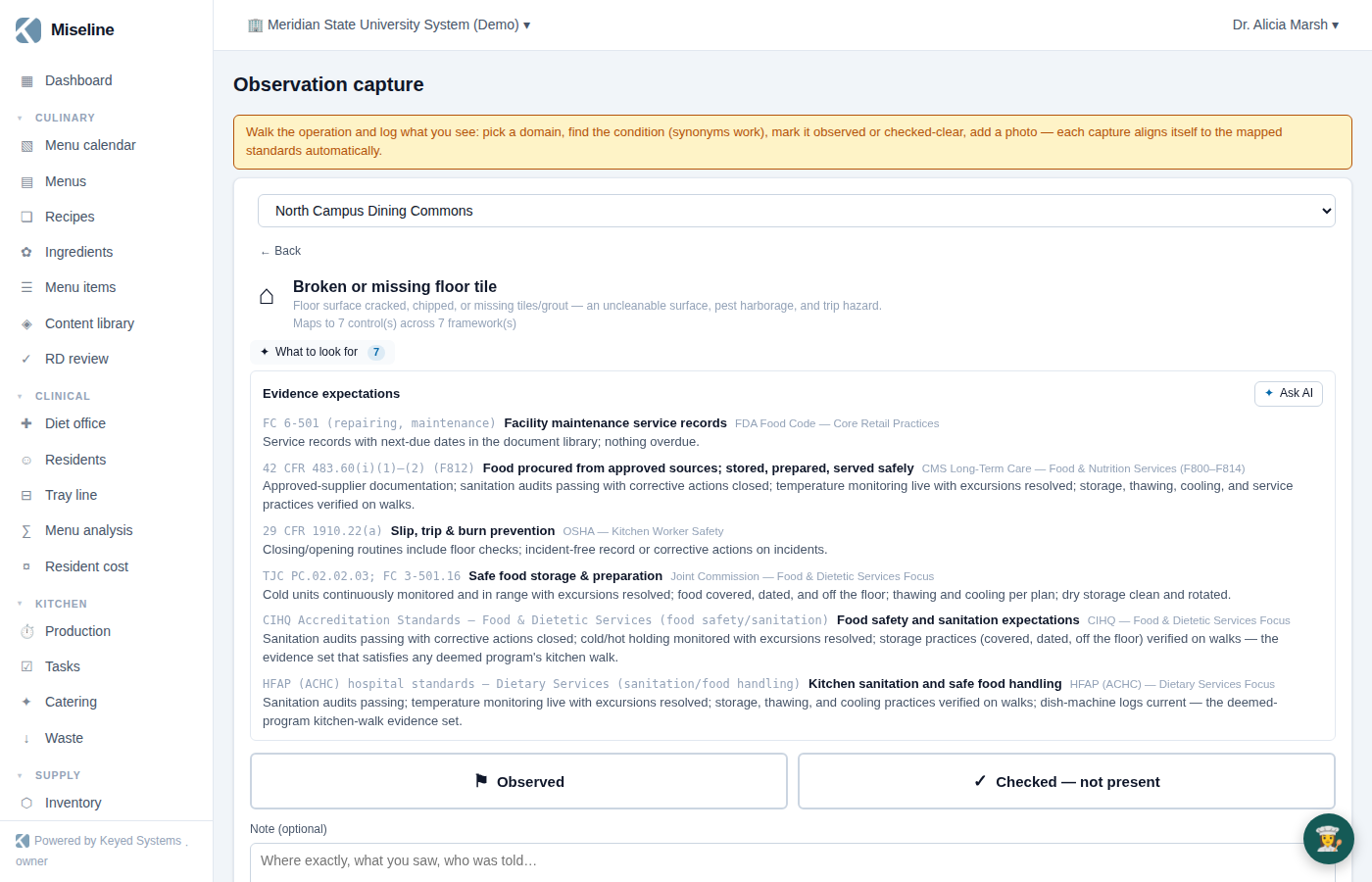 A selected condition with the Observed and Checked — not present verdict buttons