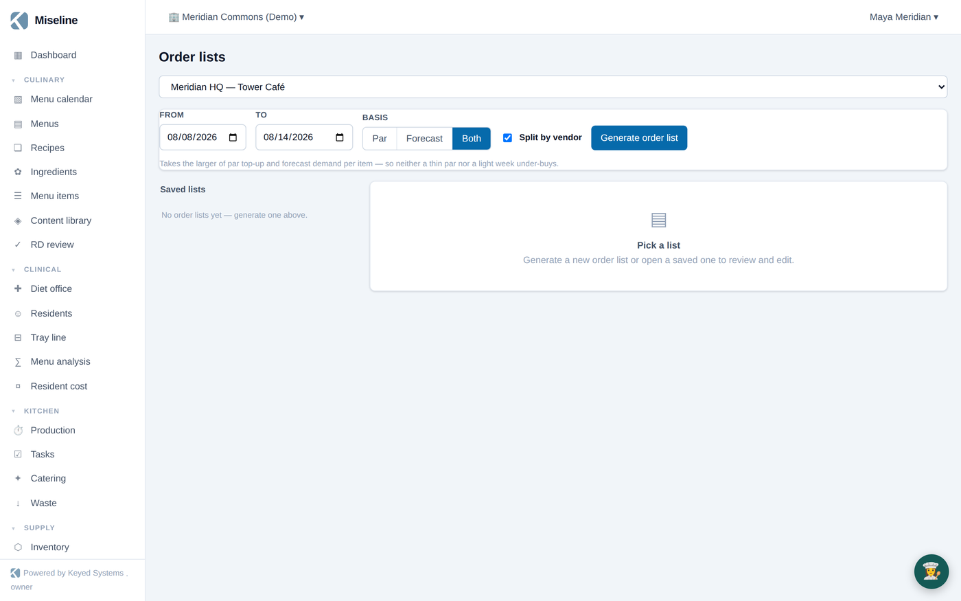 A generated order list showing the needed/on-hand/par math per line
