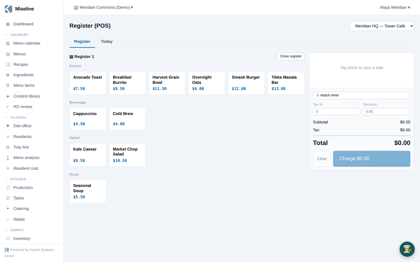 The register: item grid, cart, and split-tender payment