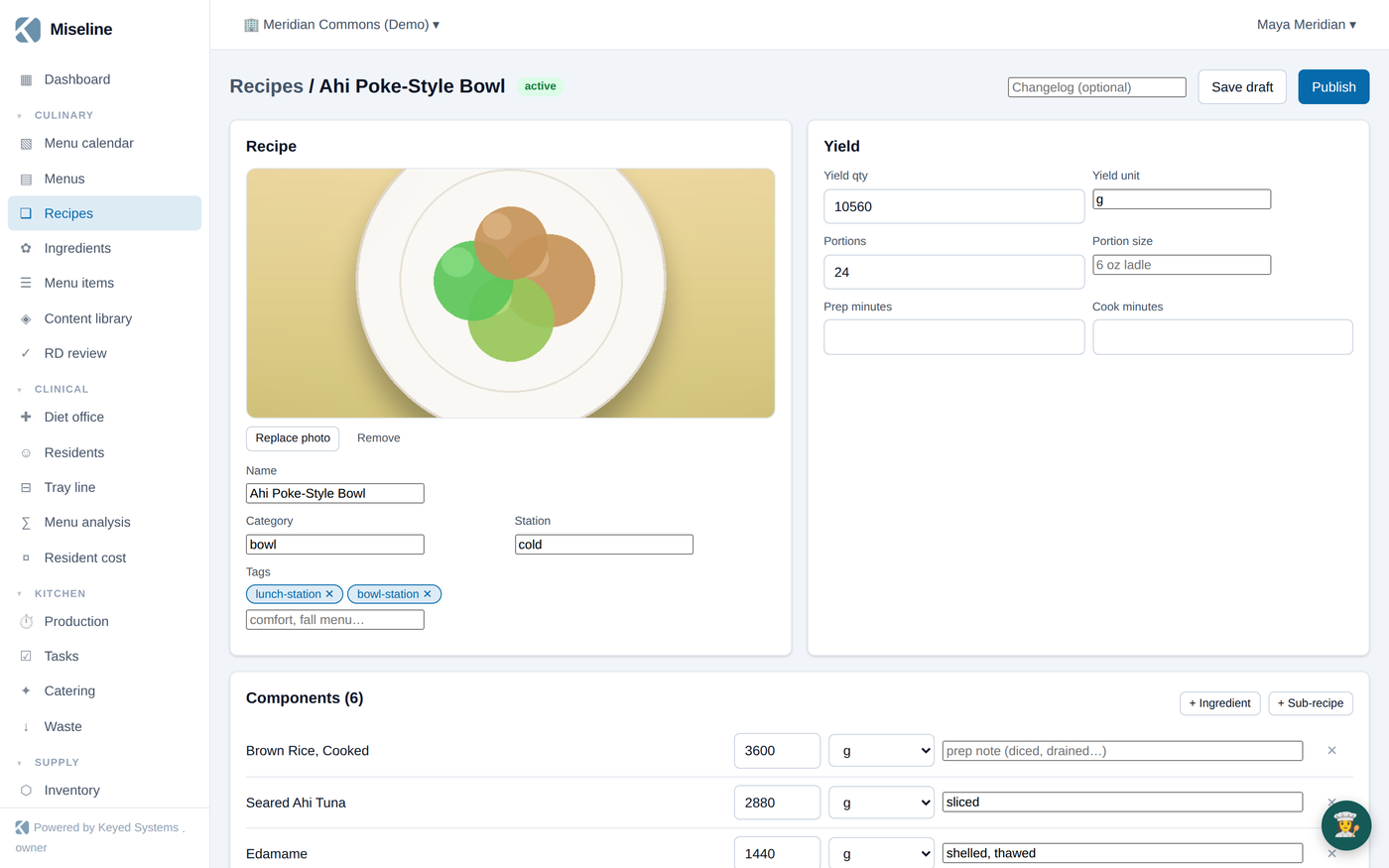 A published recipe with cost, nutrition roll-up, and texture variants