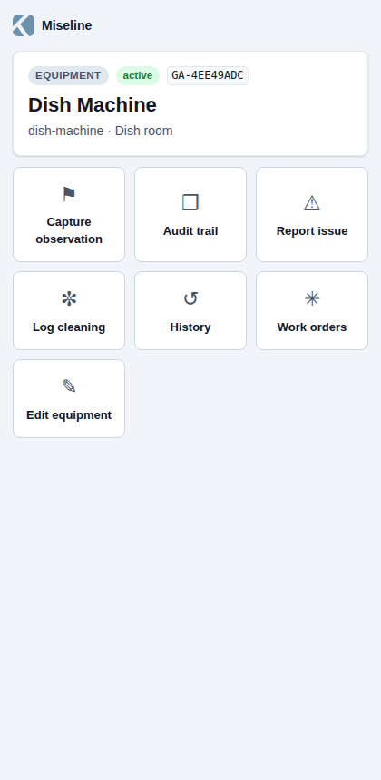 The scan page after scanning an equipment tag: target card with live temp, then the action grid