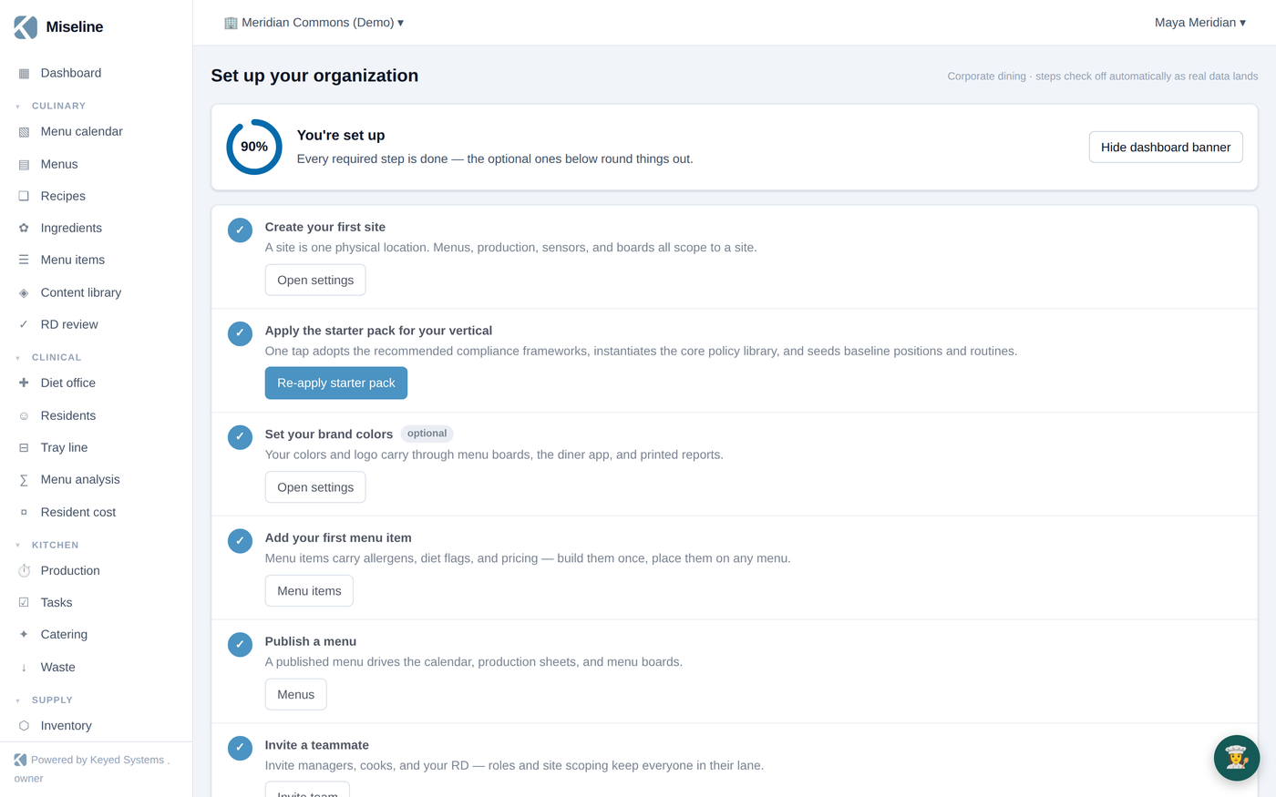 The guided setup checklist with progress ring