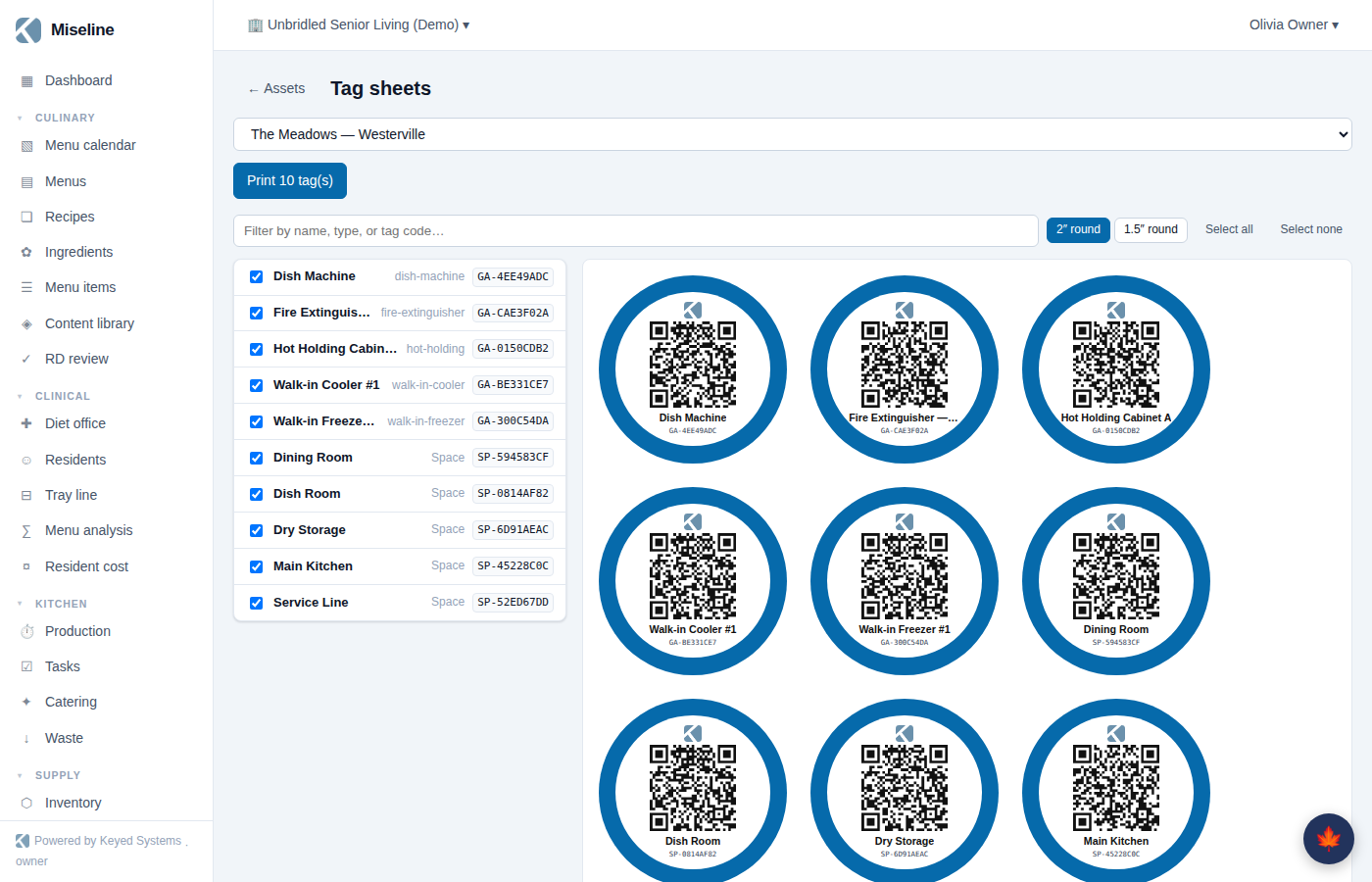 The tag sheet builder: target picker on the left, printable circular labels on the right
