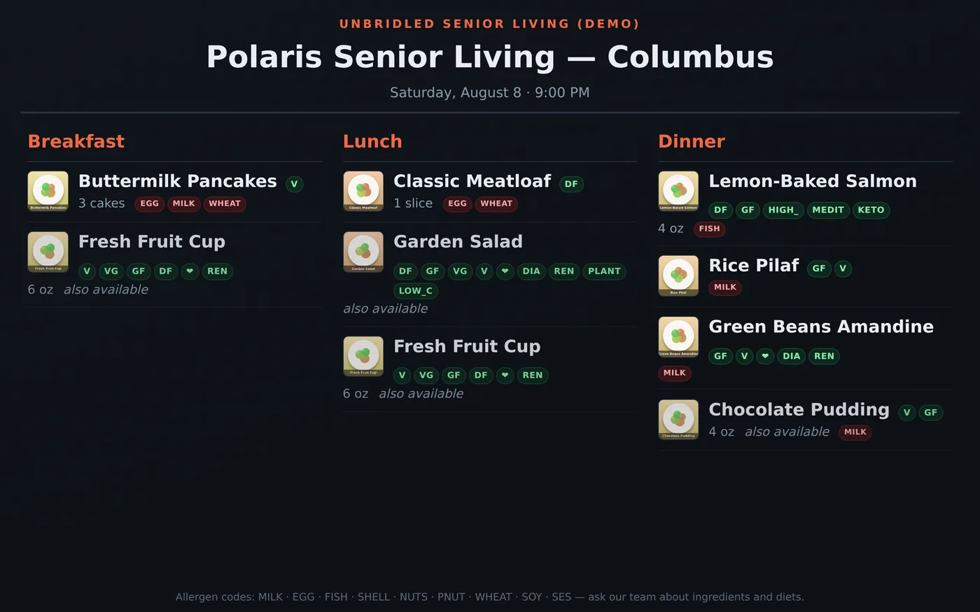 A front-of-house menu board showing the day's published menu with allergen and diet flags, themed to the community's brand