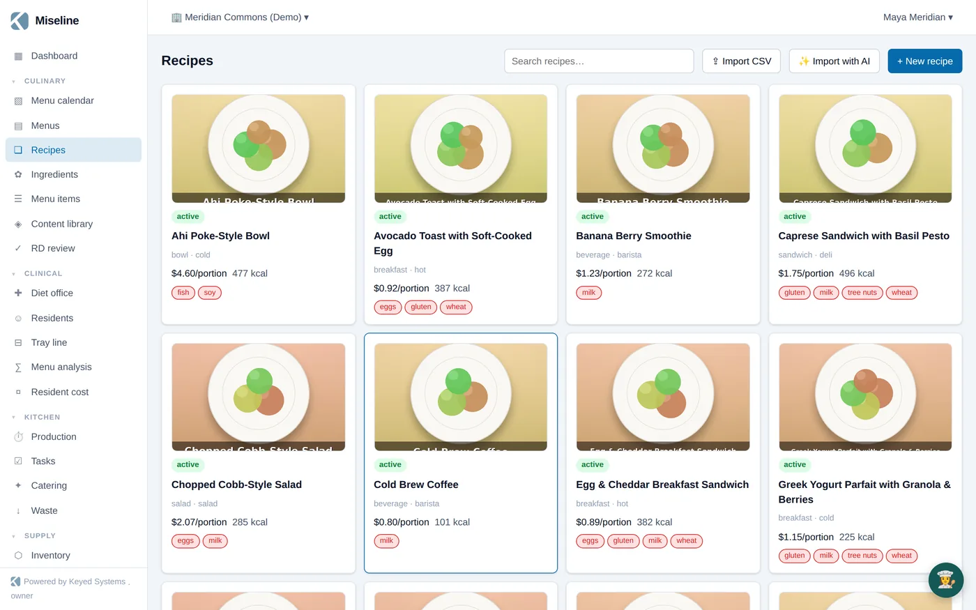 The Miseline recipe library with costed, allergen-tagged recipes